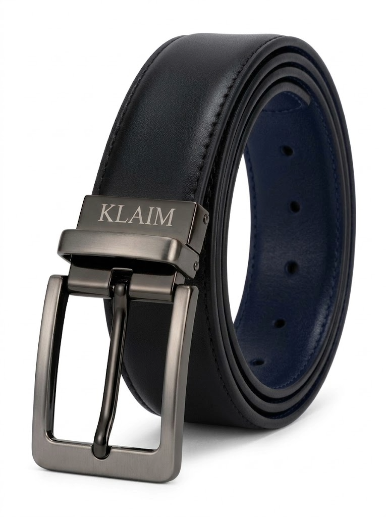 Ceinture Double Face en Cuir Véritable – 100% Cuir (Noir & Bleu Marine)